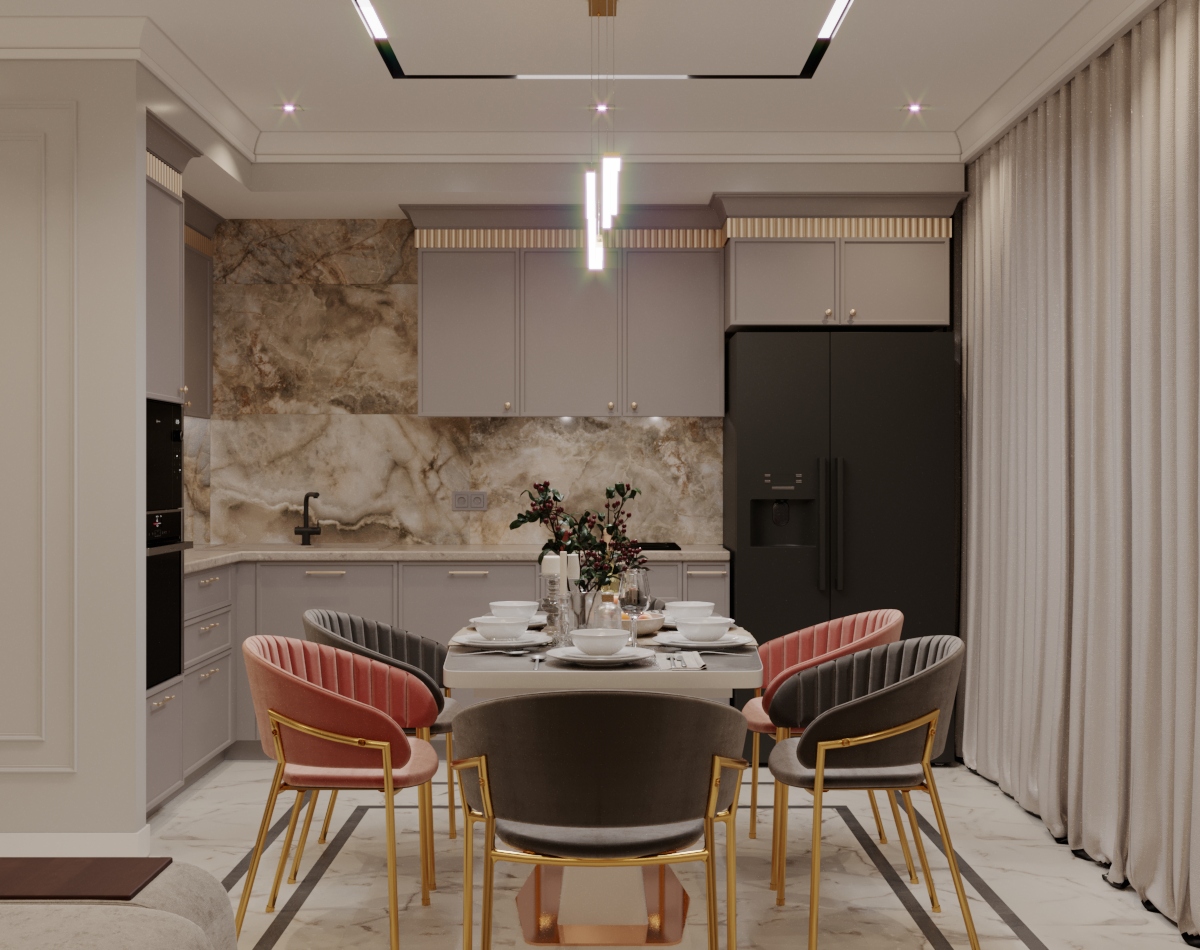 Объединенное пространство в дизайне кухни-гостиной в неоклассическом стиле как нельзя лучше подойдет для создания элегантного, просторного и респектабельного интерьера Смотрите реальные фото